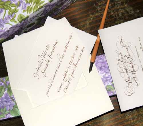 Calligraphic wedding cards, walnut husk color, with envelope